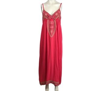 Cute Options Red Embroidered Maxi Dress Spaghetti Strap Bohemian Rayon XL
